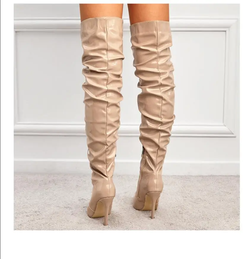 New High Quality Fine heel Sexy Patent Leather Black Over The Knee Boots Women Fashion Pointed Toe Thigh High Lady Shoes Large