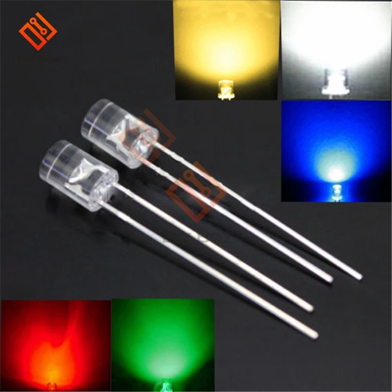 

100 шт. 5 мм Диодная лампа с плоским верхом белый красный зеленый синий желтый Smd Smt Led Water Clear Супер яркая широкоугольная лампа 20000mcd