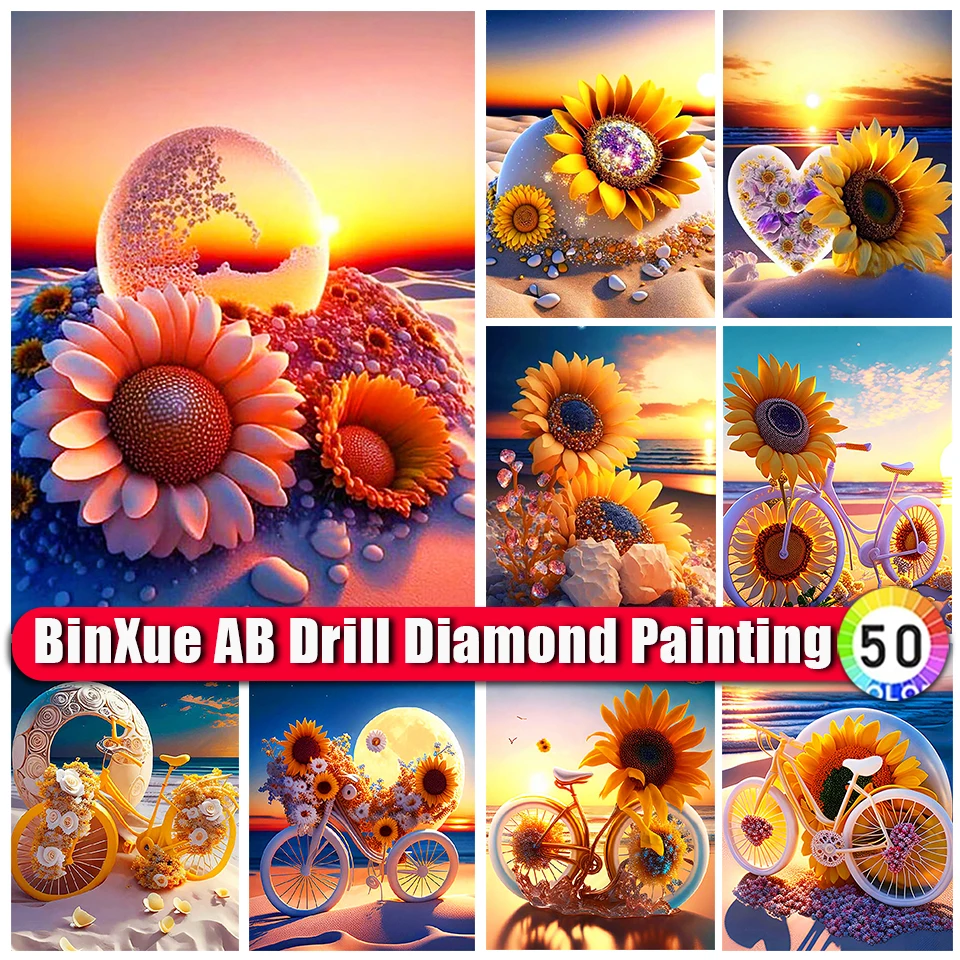 

BinXue 2023 New 5D DIY Scenery Bicycle Sunflower AB Diamond Painting Kit Sunset Handmade Mosaic Cross Stitch Home Decor Gifts