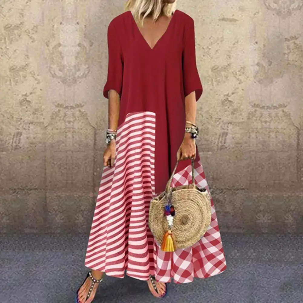

Dress Womens Patchwork Sundress V-neck Half Sleeve Large Hem Casual Dress Plaid Striped Patchwork Long Dress Female robe
