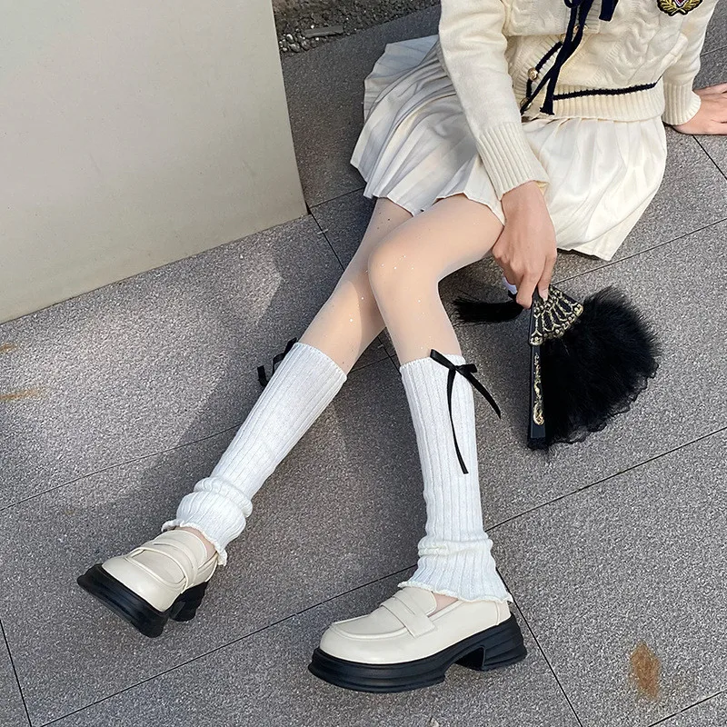 Женские гетры в полоску с бантом осенние и зимние вязаные шерстяные носки