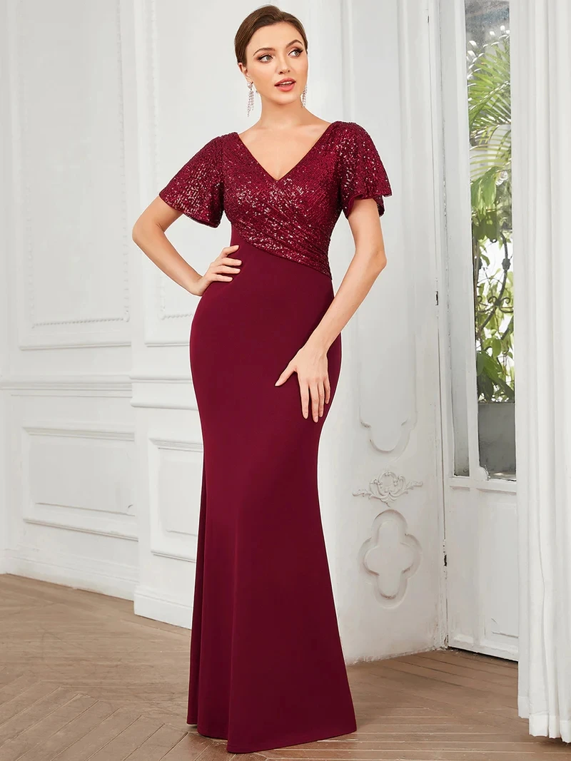 

Gorgeous Evening Dresses Sweetheart Neck Split Floor-Length 2023 Ever Pretty of Shiny Fishtail Burgundy Bridesmaid Dresses