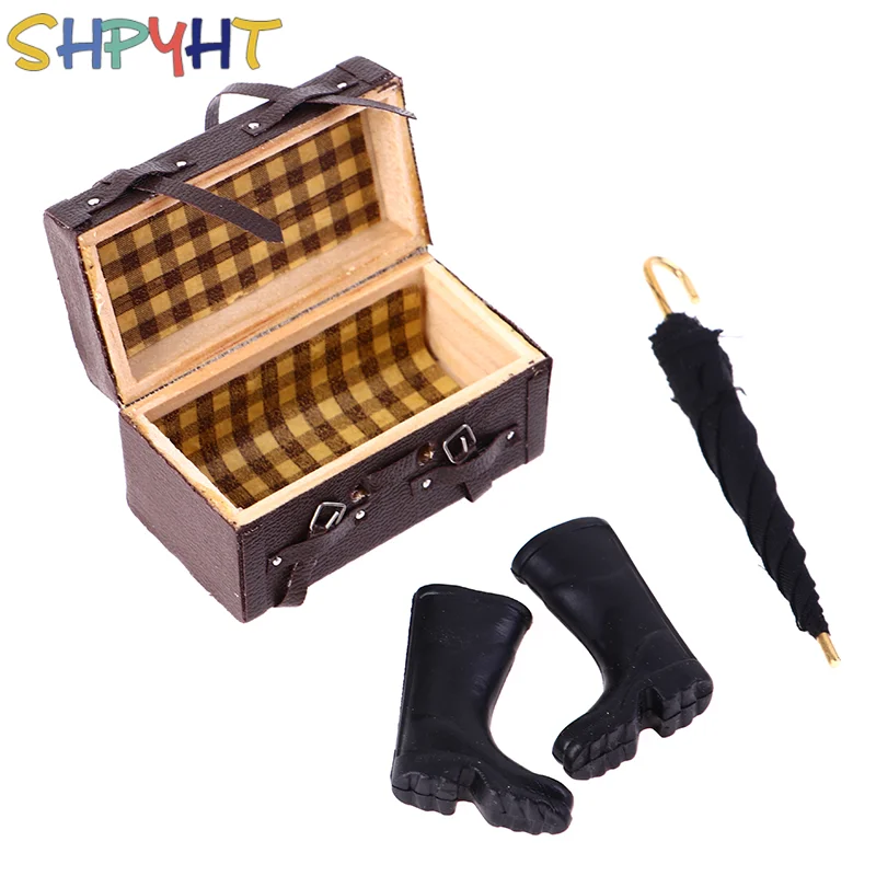 

Hot ! 1/12 Dollhouse Miniature Leather Leather Suitcase Umbrella Rain Boots Classic Toys Pretend Play Furniture Toys Accessory