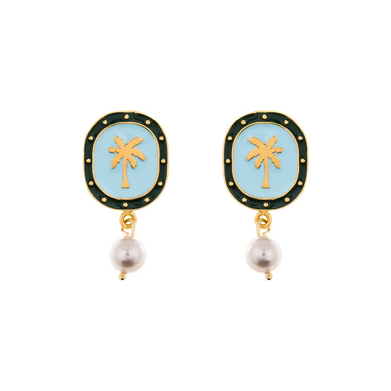 

Европейские и американские ретро свежие модные синие эмалевые праздничные стильные серьги с кокосовым жемчугом