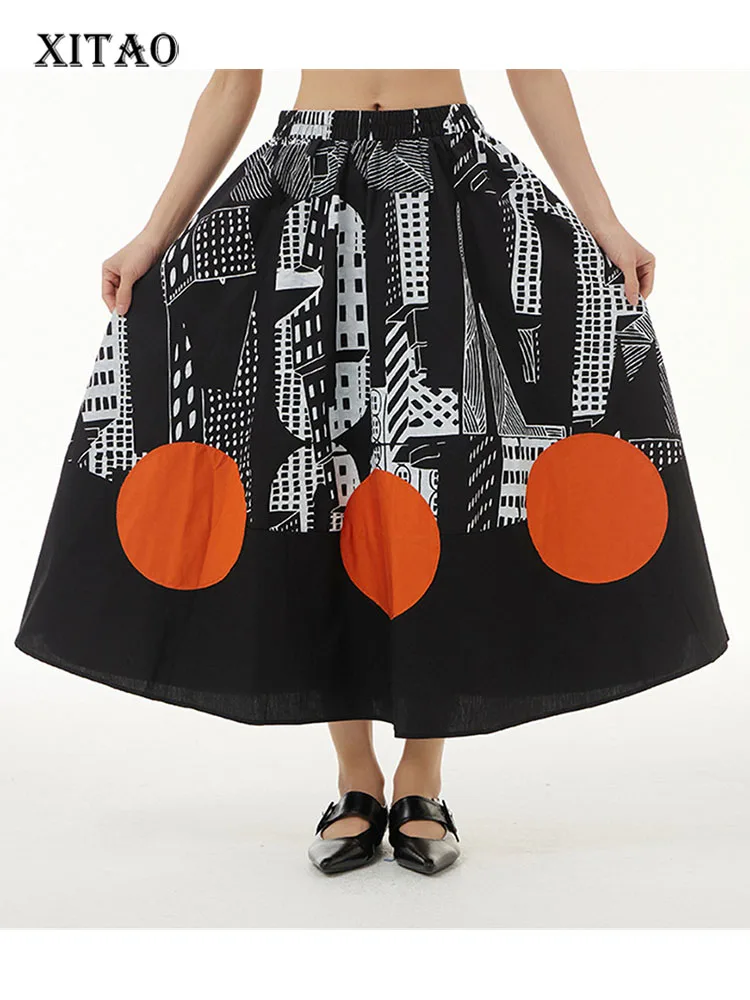 

XITAO Geometric Patterns Skirt Fashion Print Pattern Elastic Waist Small Fresh Casual Style Loose 2022 Summer Skirt WMD5410