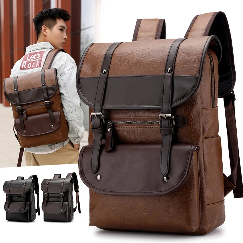 

Vintage Laptop Leather Backpacks for School Bags Men PU Travel Leisure Large Capacity Waterproof Backpacks Students Schoolbags