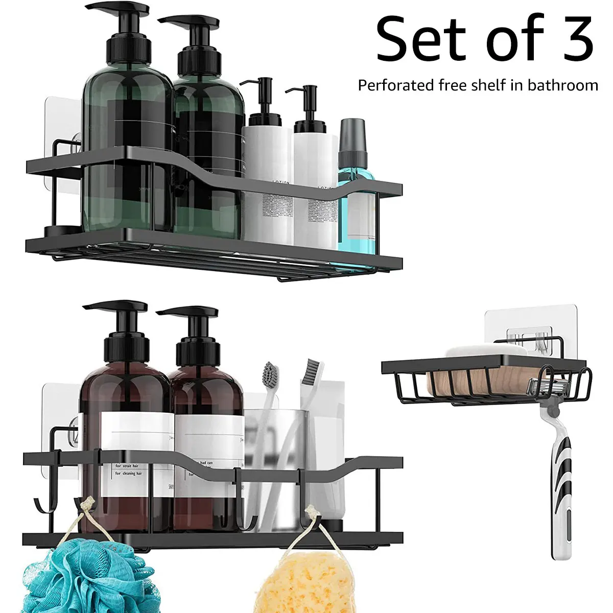 

3 Pack Shower Caddy Shelf with Hook Rustproof Stainless Steel Hanging Shower Caddy Strong Adhesive No Drilling Shower Organizer