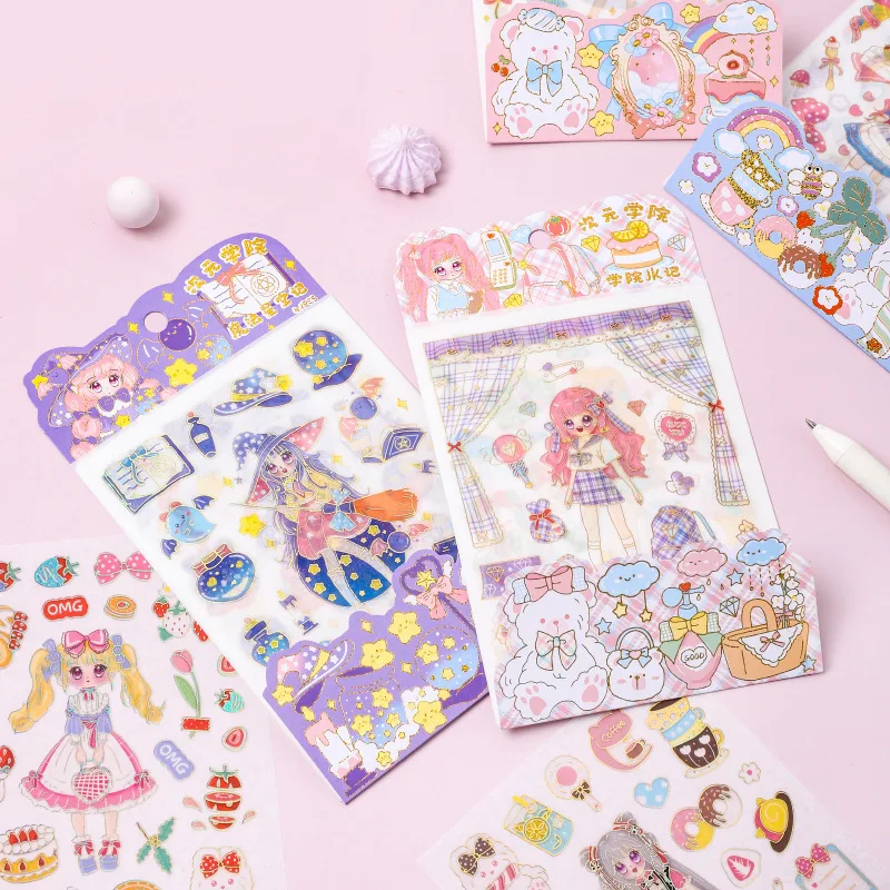 

4PCS College Series Sticker Cartoon Girl Handbook Material Decoration Tearable Sticker Cheap Kawaii Stationery
