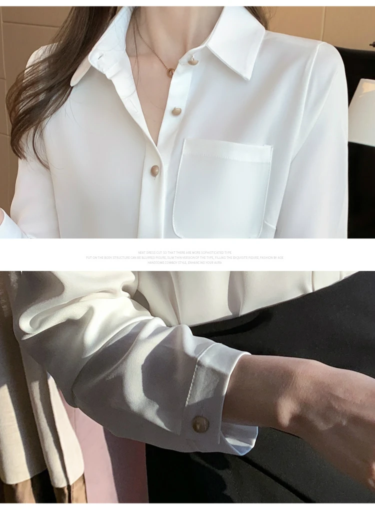 Шифоновая белая блузка с длинным рукавом и карманами рубашка топы для женщин