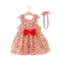 2022 summer baby girls dresses allover flowers print dress with headband sleeveless cute bow princess floral dresses
