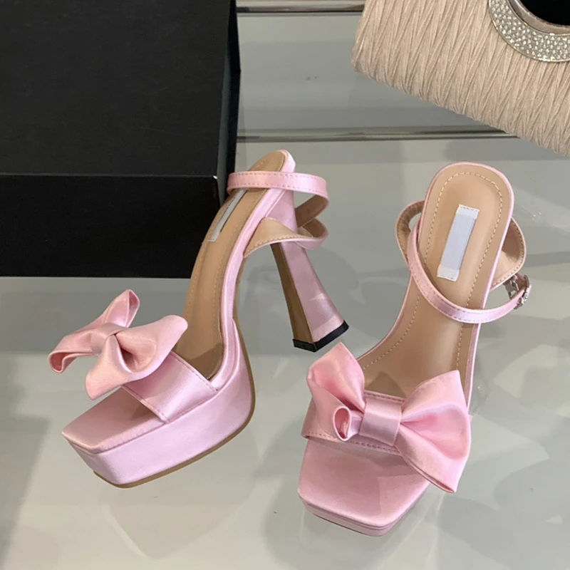 

Liyke 2023 New Brand Super High Heels Sexy Sandals Fashion Pink Silk Bowknot Square Open Toe Chunky Platform Shoes Women Pumps