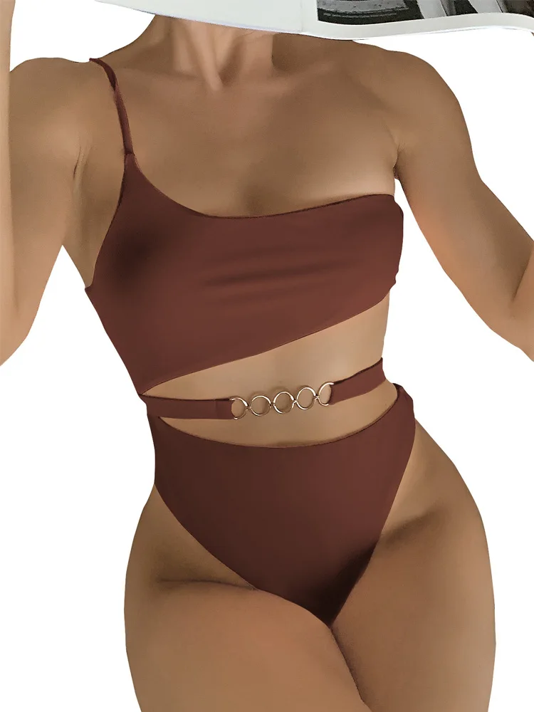 

One-Piece Swimsuit Solid Brown Bodysuit Off The Shoulder Swimwear 2022 New Monokini Sexy Thong Bathing Suit Brazilian Beach Wear