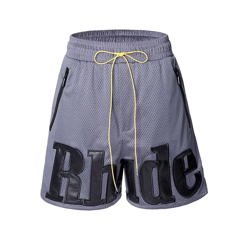 

High Quality Big Logo RHUDE Leather Logo Shorts Mens Womens 1:1 Best Quality RHUDE Nylon Mesh Drawstring Zip Shorts