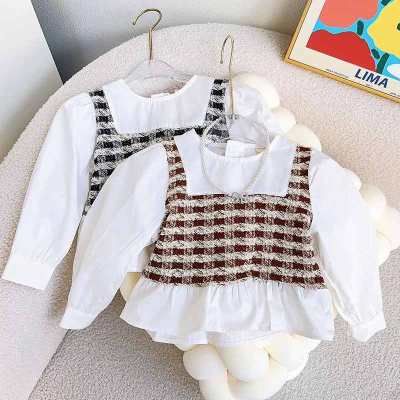 

Girls' Small Fragrant Wind Shirt Spring and Autumn New Fake Two Long-sleeved Sleeved Shirt Girls' French Top Blouse