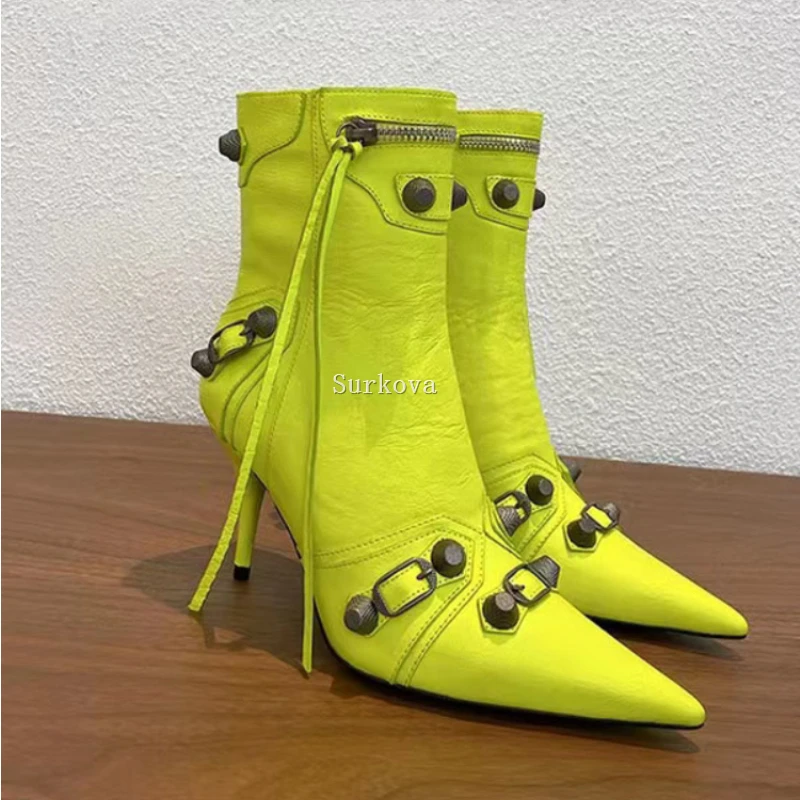 Ladies Knight Boots High Heels Metal Chain Calfskin Luxury Shoes Woman Fluorescence Color Rivet Pointed Toe Ankle Stiletto Boots