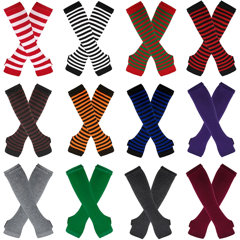 

Women Girls Striped Arm Cover Black and White Fingerless Elbow Gloves Warmer Knitted Wristband Mitten Long Knitted Arm Sleeve