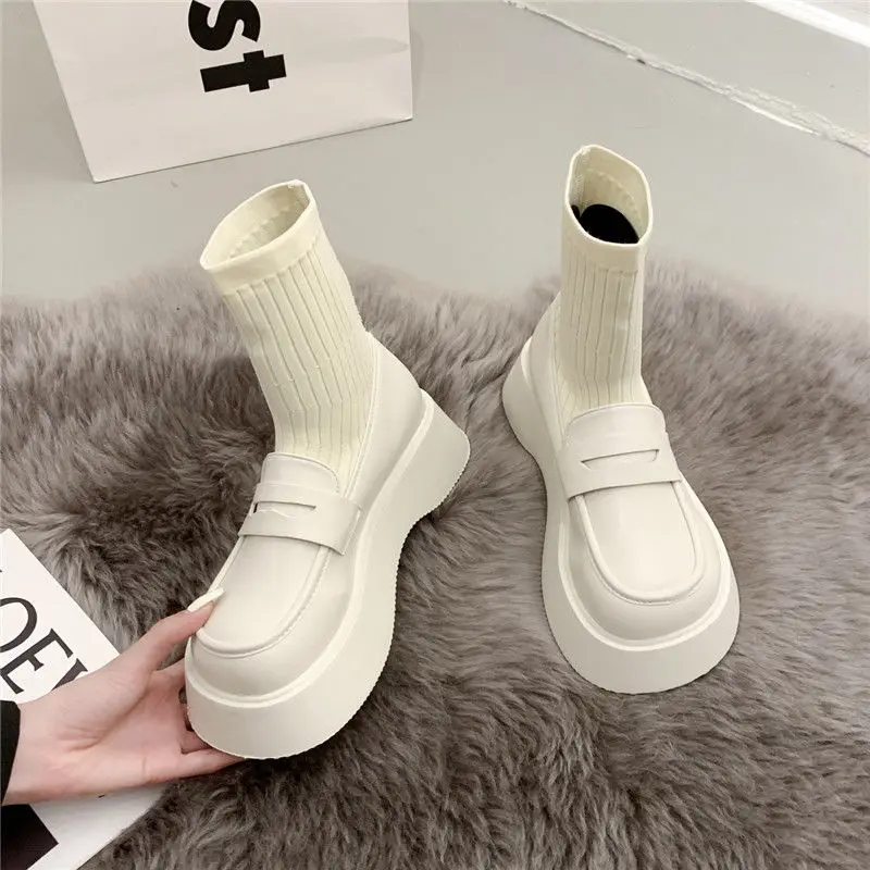

Thick Sole Ladies Loafers Nude Boots PU Single Elastic Middle Heel Shoes Fashion Low Tube Sleeve
