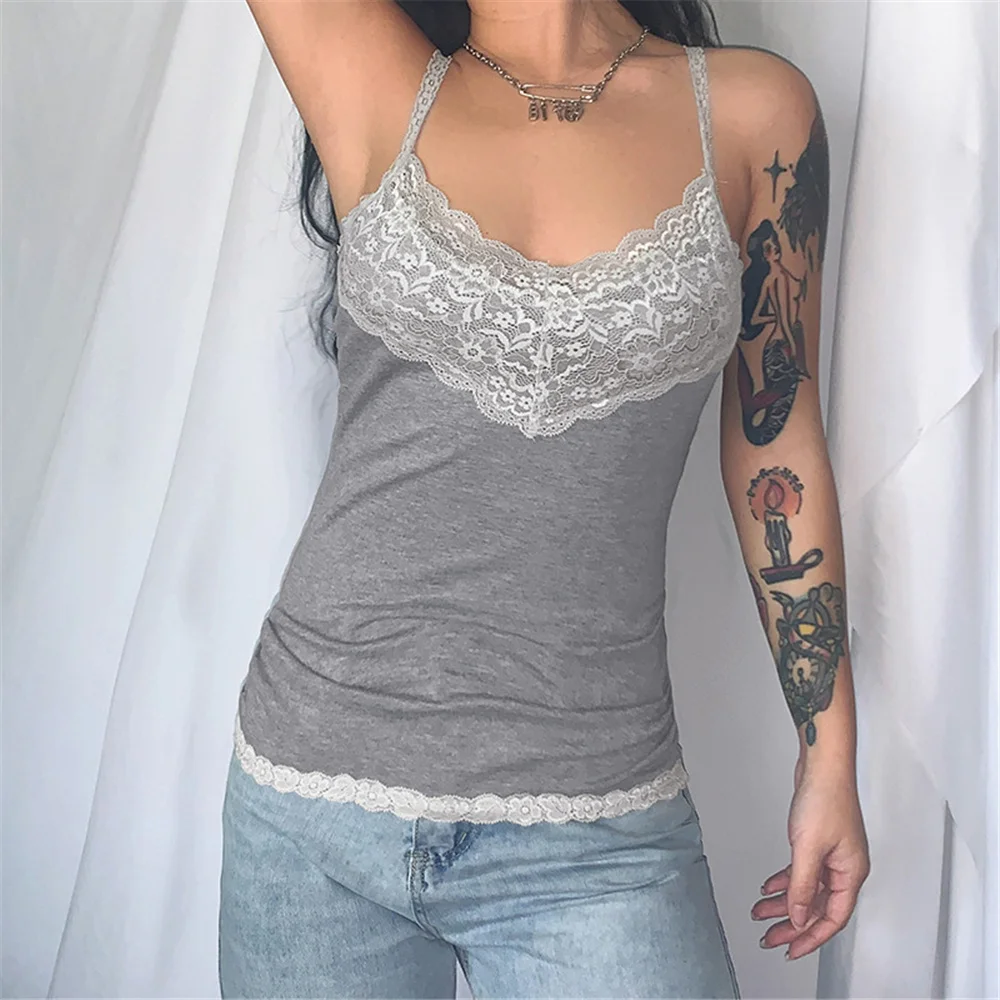 

2022 Summer Women Kawaii Sleeveless Patchwork Lace Trim Tank Tops Casual Spaghetti Strap Slim Fit Bottom Camisole Female Clothes