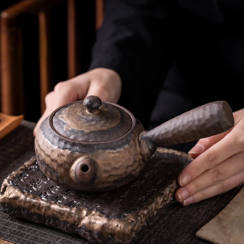 Rough Pottery Hammer Pattern Side Handle Teapot Retro Kung Fu Tea Set Maker Ceramic Household Single Kettle |