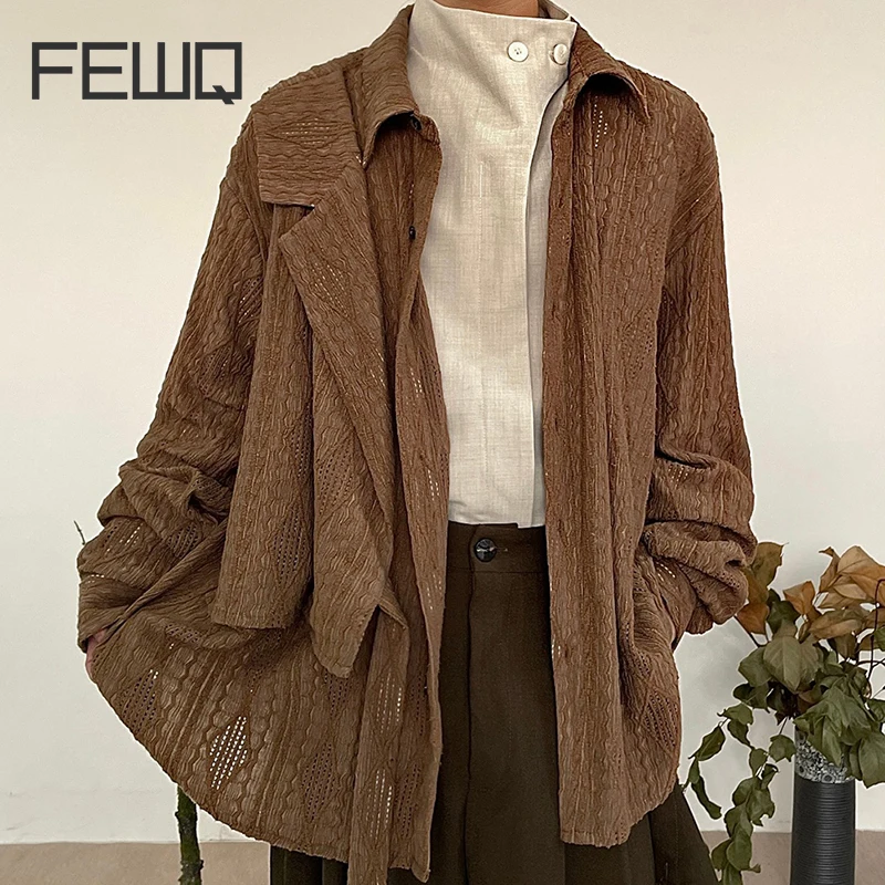 

FEWQ Niche Design Tide Hollow Splice Ribbon Loose Long Sleeve Shirt Casual Versatile Spring Autumn Japan Style Menswear 24X1055