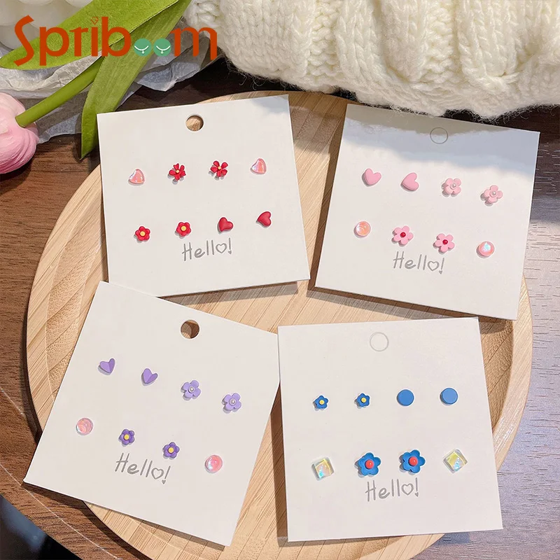 

Small Flowers Stud Earrings Set for Girls Student Fresh Candy Color Earring Summer Fashion Jewelry Female Accessories 8Pcs/set