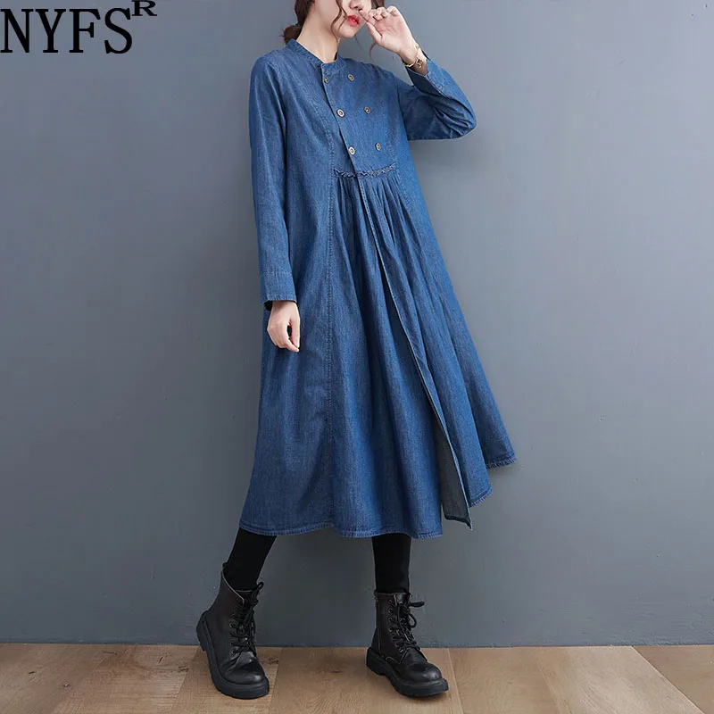 

NYFS 2022 Autumn New Office Lady Woman Dress Vestidos Robe Elbise Loose Plus Size Long Sleeve Denim Dresses