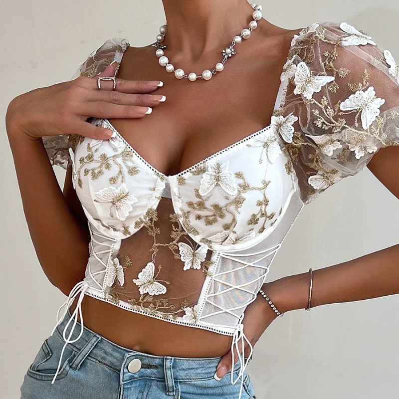 

Summer women's vest Y2K sexy backless See-through halter patchwork mesh street fashion elegant little vest for women clothing