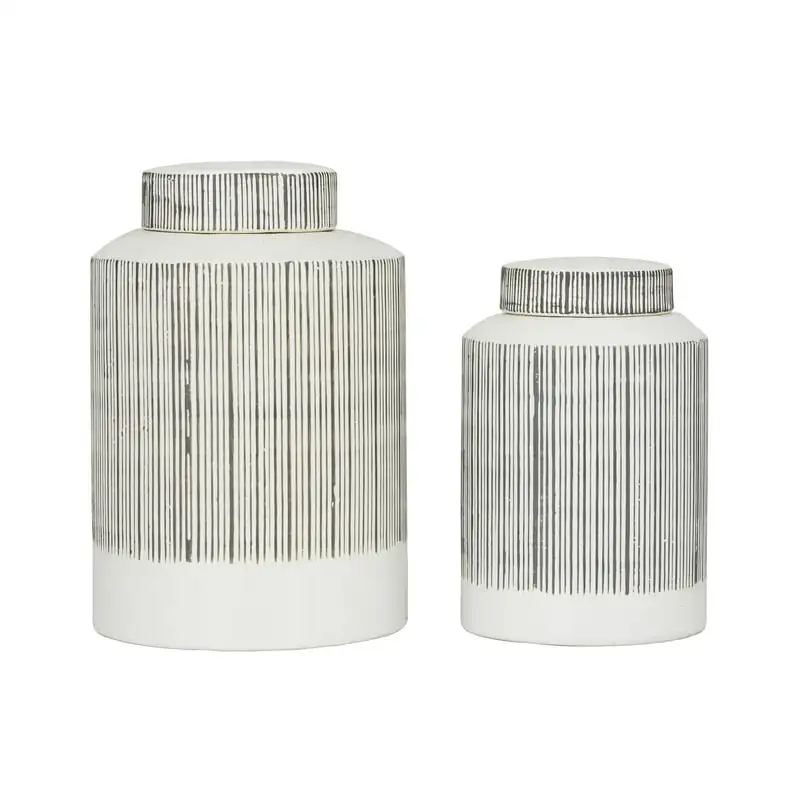 

11"H White Ceramic Striped Decorative Jars, 2-Pieces
