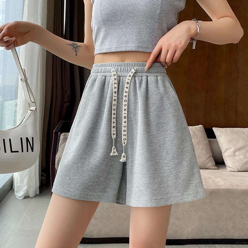 Women Shorts Traf High Waisted Loose Wide Leg Short Pants Women Clothing Booty Shorts Waffle Fabric Y2K Korean Fashion PELEDRESS