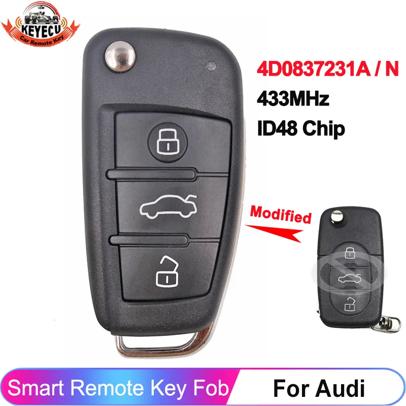 

Модернизированный KEYECU 4D0837231A 4D0837231N для Audi TT RS4 A3 A4 A6 A8 Quattro Flip Fob 433 МГц ID48 чип автомобильный дистанционный ключ