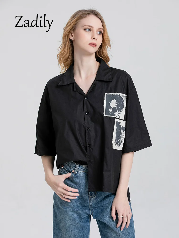 

Summer Y2k Short Sleeve Shirt Women Patch Designs Button Up Loose Blouse Tunic Gothic Streetwear Female Clothing Top