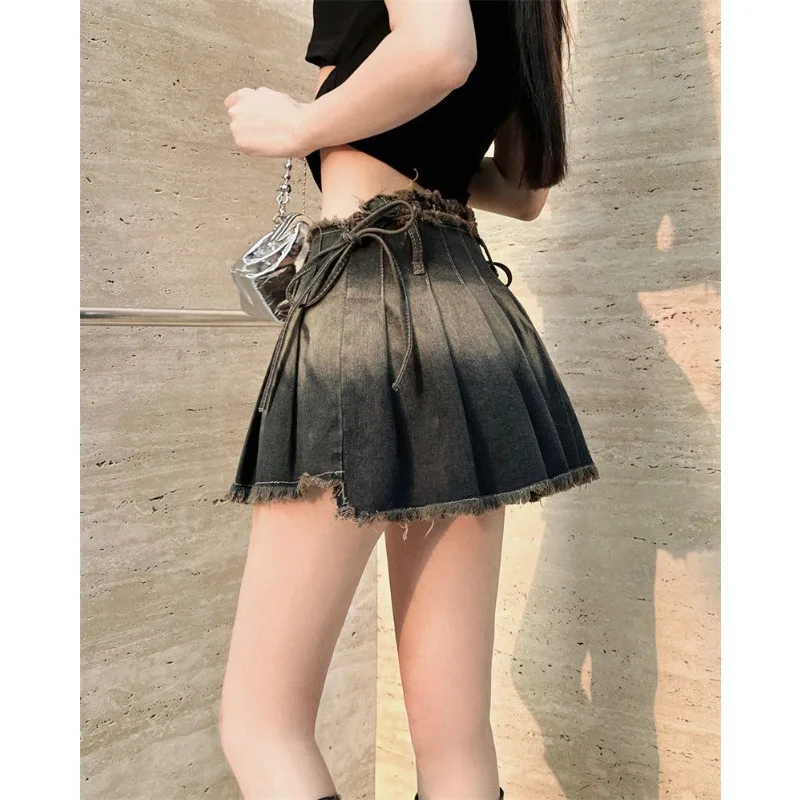 

Pleated Skirts Women Slim Gothic Summer Y2k Denim Clothing Schoolgirls Mini Vintage Ins Fashion All-match Faldas Tassel Design