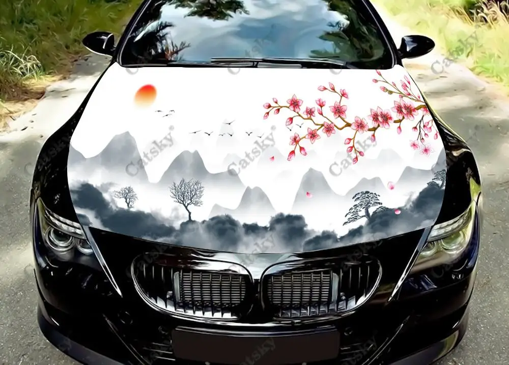 

Виниловые стикеры в китайском стиле с изображением пейзажа на капот автомобиля, виниловая пленка, наклейки на крышку двигателя, автомобильные аксессуары