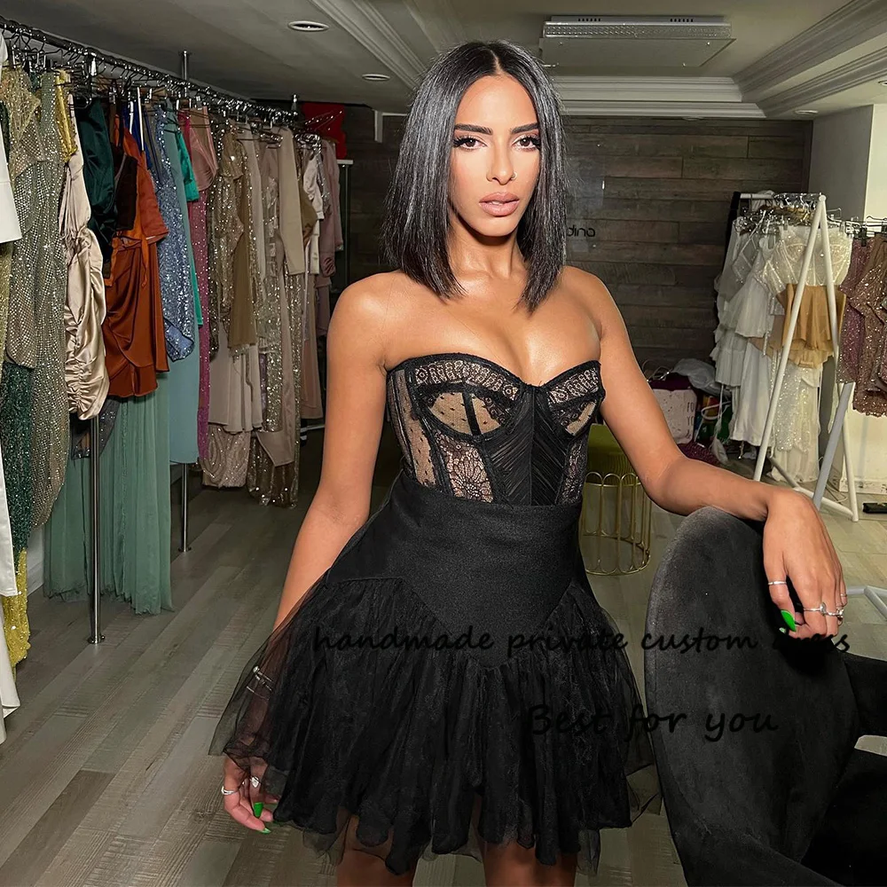 

Black Mini Cocktail Prom Dresses Lace Bone Corset Sweetheart Party Dress Sexy Short Evening Prom Gowns Women Club Night Wear