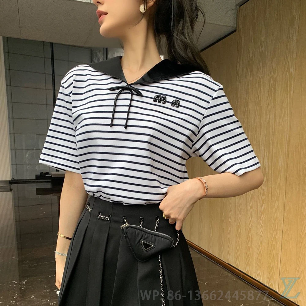 

2023 Summer Beaded Stripe Navy Neck Short Sleeve T-shirt with Reduced Age and Versatile Fit Fashion