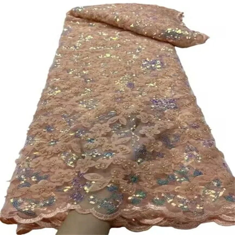 

Модная французская вышивка, кружевная ткань с золотыми бусинами, розовые африканские нигерийские блестки, кружевная ткань ручной работы с бисером для свадебного платья
