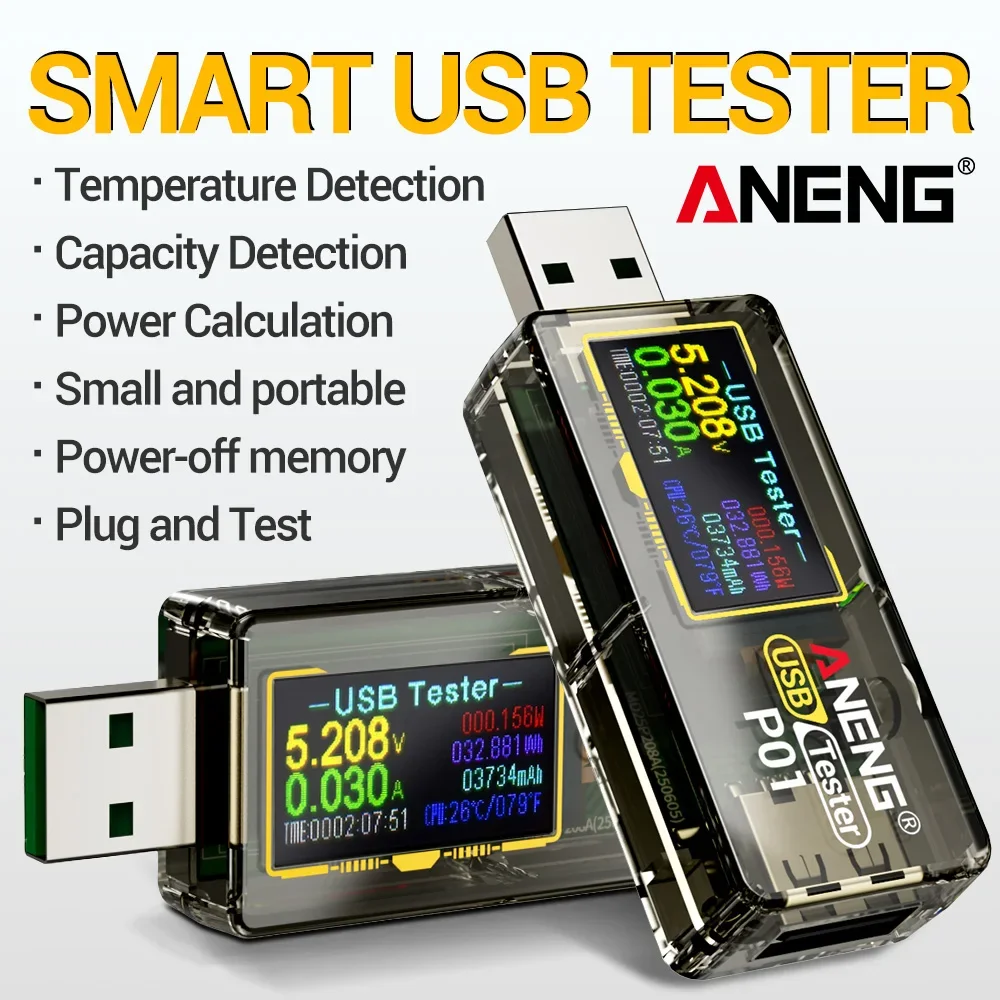 Фото Цифровой USB-тестер ANENG P01: Многофункциональный измеритель напряжения, тока и мощности постоянного тока (DC 4-30В), вольтметр, амперметр, измеритель емкости зарядного устройства №2