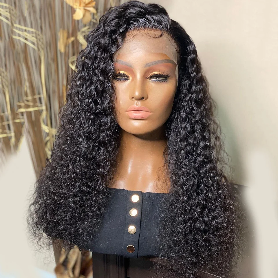 

26Inch 180%Density Natural Black Long Soft Kinky Curly Pre Plucked Remy Glueless Lace Front Wig For Black Women With Baby Hair