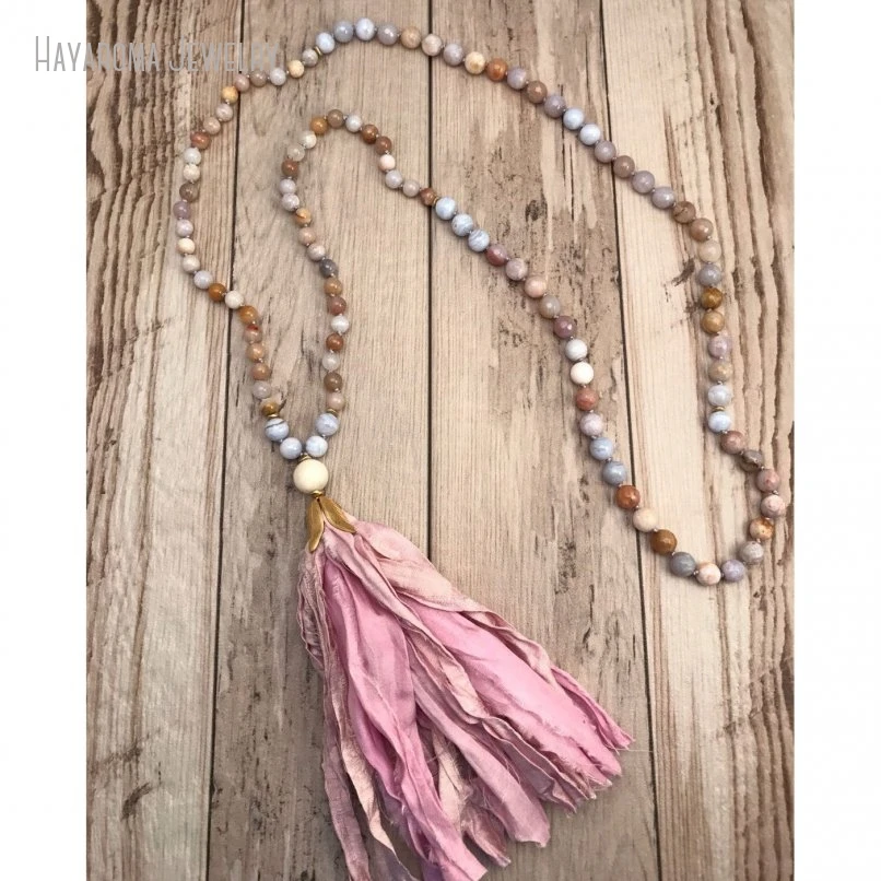 10 шт. кремовые кружевные агаты 108 японских бусин ожерелье сари шелковая кисточка