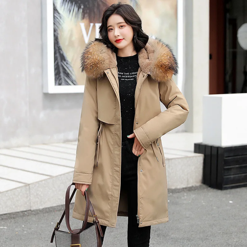Women Mid Length Parka Korean Fashion Down Cotton Padded Jacket Winter Warmth Coat Jacket Big Fur Collar Grace Plus Size Belt