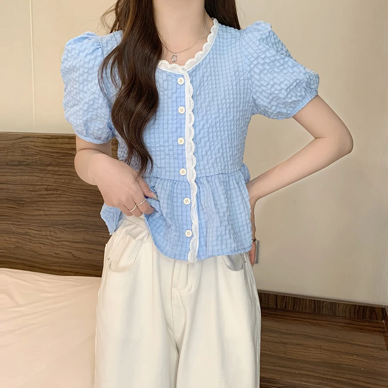 Милые кружевные рубашки женские летние корейский стиль дизайн универсальные