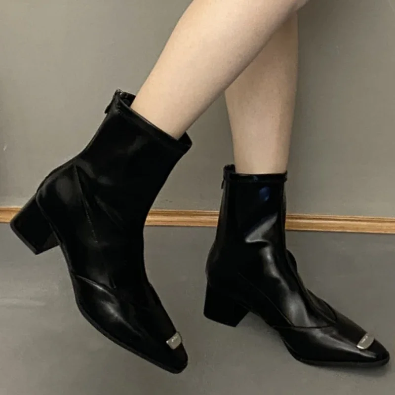 

Новинка зимы 2024, женские ботинки на среднем каблуке, ботильоны челси, модные зимние ботинки-гладиаторы с квадратным носком