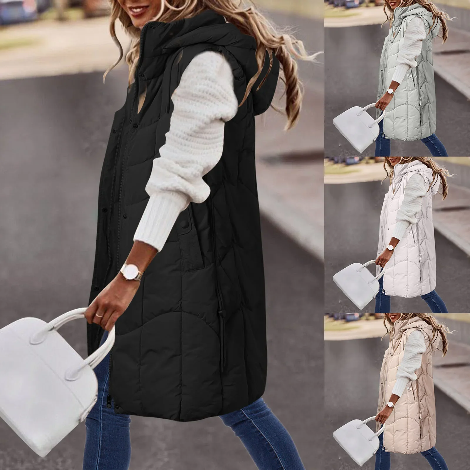 

Женский стеганый жилет без рукавов, длинный жилет на пуговицах с капюшоном и буфами, стеганая куртка с хлопковой подкладкой, зимняя верхняя ...