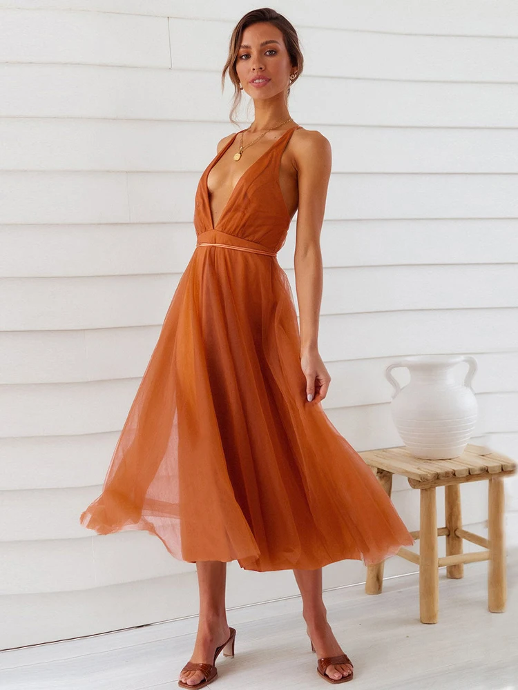 

New Fashion Sexy Women Sling Dress Suspenders Aesthetic Backless Casual Solid Streetwear Simple Tulle Female Clothes