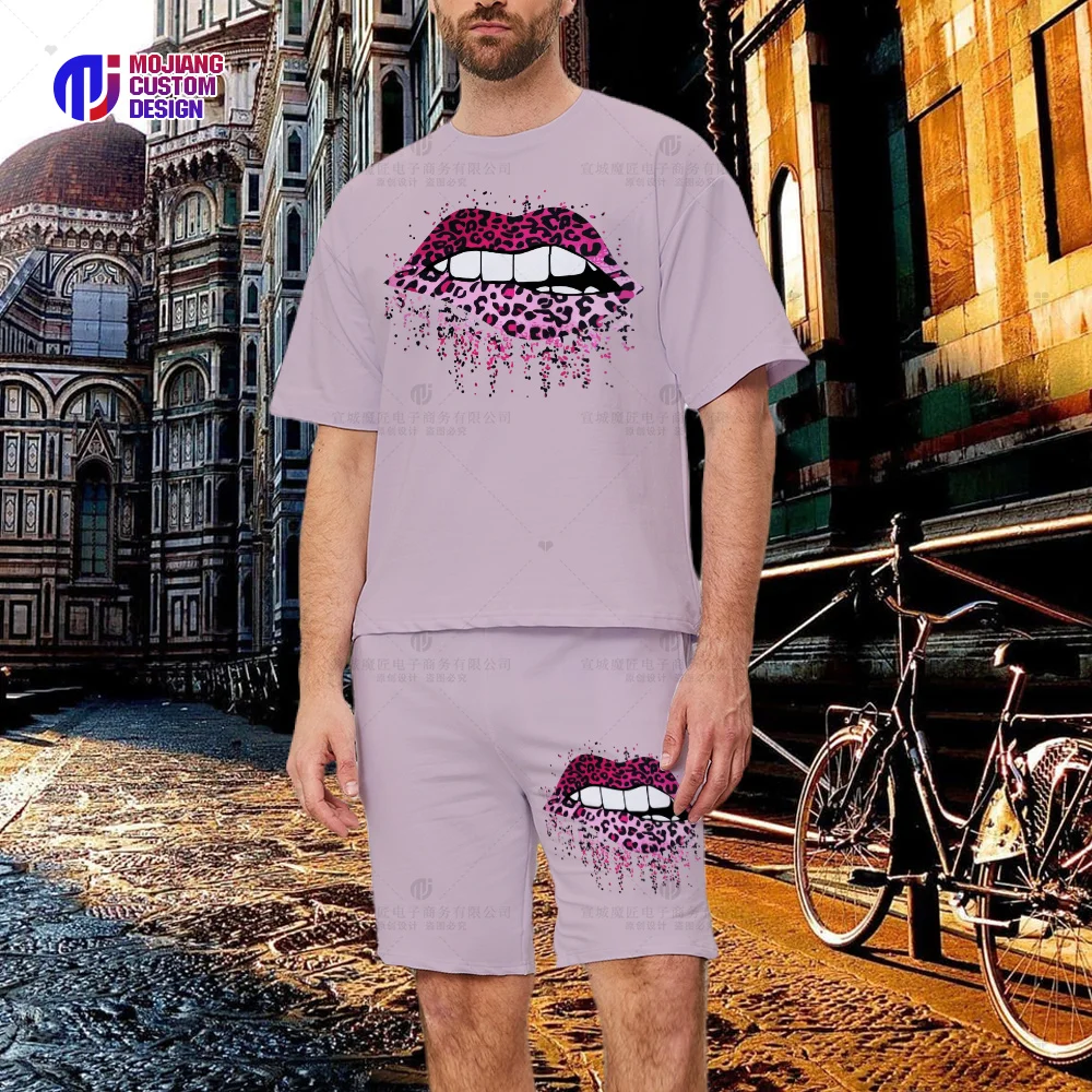 2023 Leopard Print Lip T-Shirt Shorts, Men's New Spring And Summer Casual Round Neck Shirt + Pants Two-Ppiece Suit