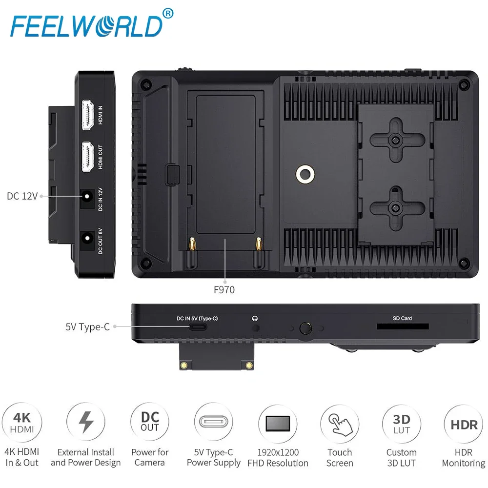 Фото FEELWORLD-F7 Pro Накамерный монитор полевого режиссера, 7-дюймовый сенсорный экран IPS, 3D LUT DSLR, HDMI, 4K, 60 Гц, HD с внешним питанием F970 №3