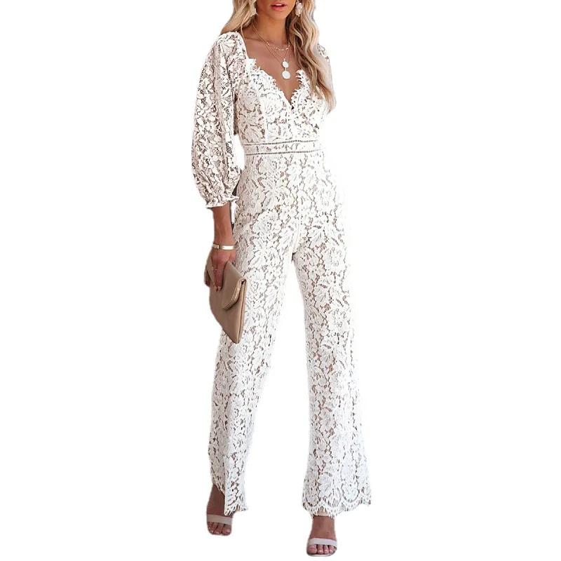 White Black Women Bodysuits 2023 New Lace Sexy Hollow Applique Deep V-neck Slim Waist Pants Fashion Office Party Jumpsuit