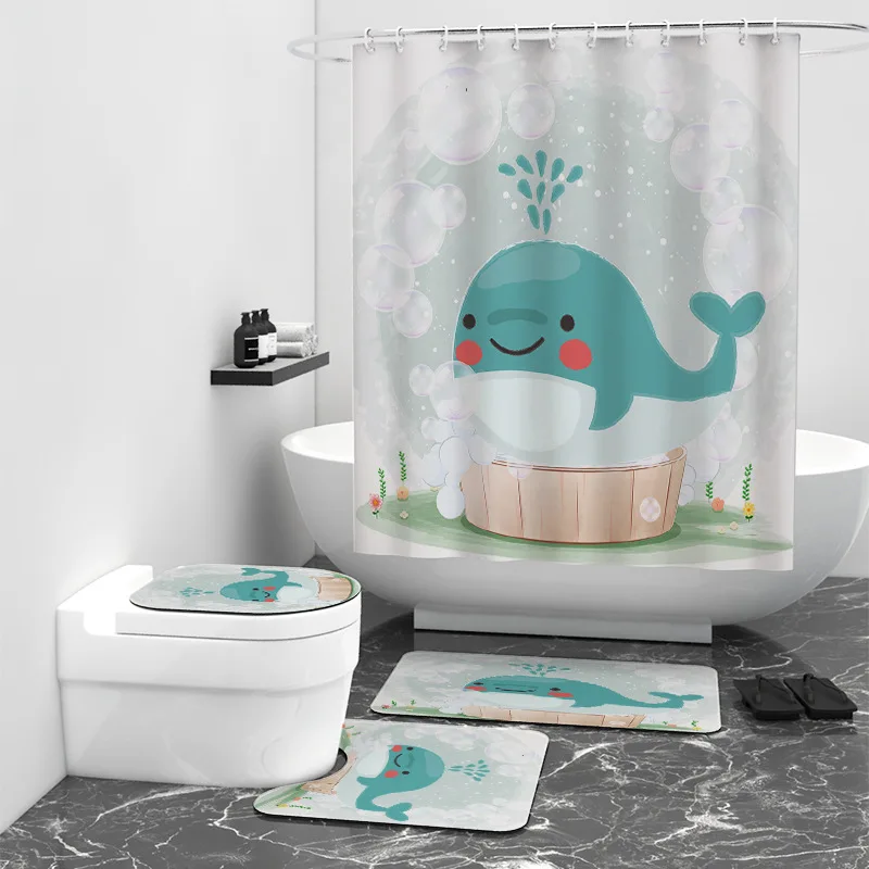 

Funny Penguins/Whales/Monkeys 3D Printed Bathroom Set Together Shower Curtain Rug Set Bathroom Mats Rugs Toilet Decor Mat 01