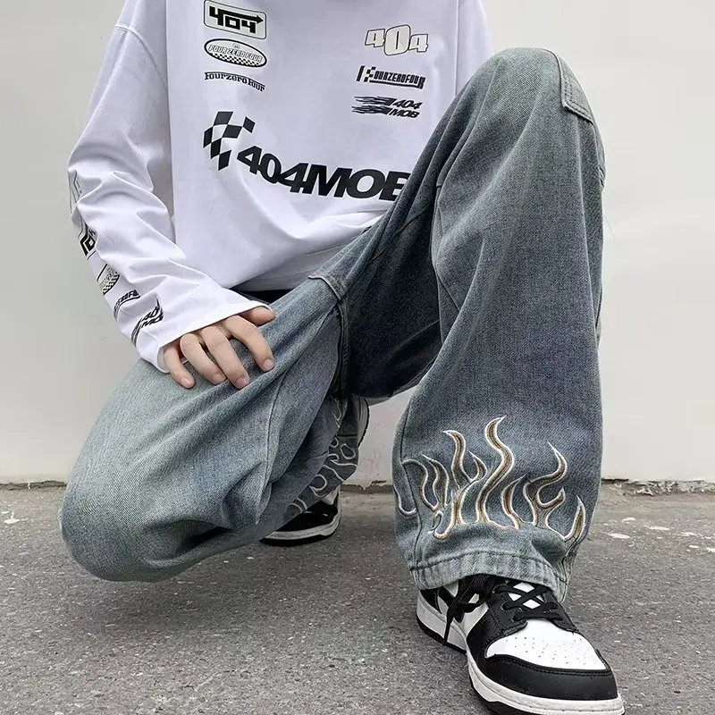 DEEPTOWN Vintage Printed Jeans Straight Streetwear Denim Pants Classic Retro Loose Casual Fashion Trousers Male Black Spring