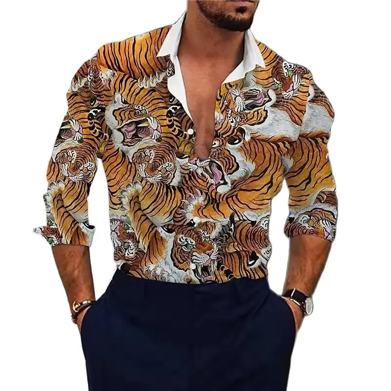 

New Cotton Linen Men's Shirt Tiger Animal Tie Dye Printing Casual Mens Long Sleeve Shirt Cardigan Spring Summer Vintage Shirt